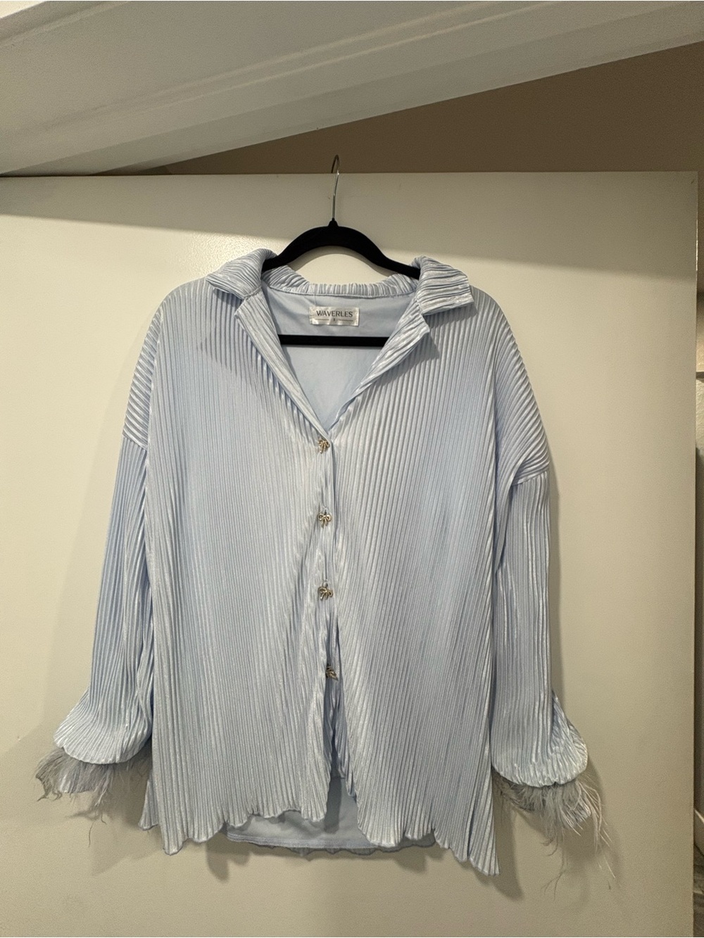 Waves & Wild Light Blue Pleated Pajama Top with Feather Cuffs